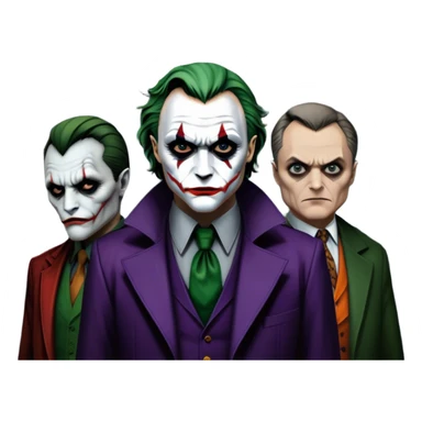 Thriller movie icon: A close-up collage with eerie, dramatic elements. Include the Joker, Hannibal Lecter, and a dark, moody Gotham City skyline in the background. The characters should look intense and shadowed, creating a tense atmosphere. Transparent background. sticker
