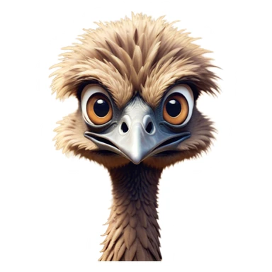 Cinematic Comical Emu Portrait Emoji, Head tilted dramatically with an exaggeratedly amused expression, featuring a striking, textured brown plumage with a comically small head and wide, expressive eyes full of playful disbelief, Simplified yet hilariously expressive features, highly detailed, glowing with a slightly sassy glow, high shine, dramatic yet playful, stylized with an air of cheeky outback mischief, bright and endearing, soft glowing outline, capturing the essence of a spirited and over‐the‐top emu, so meme‐worthy it feels like it could squawk its way into internet fame instantly! sticker