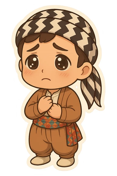 Create a chibi Kurdish cartoon sticker based on the reference image, showing a longing (missing someone) expression, with a transparent background. sticker
