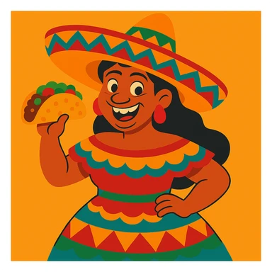 Make the Mexican woman appear more ugly by exaggerating unattractive features, while keeping the sombrero and taco, in vibrant toon style. sticker