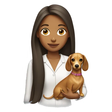 girl with long brunette hair holding a blonde wiener dog sticker