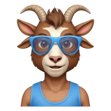3D cartoon goat man portrait, head and shoulders, brown fur, small horns, blue reflective sunglasses, slight smile, tank top, soft lighting, centered, clean background, no text, no watermark
 sticker