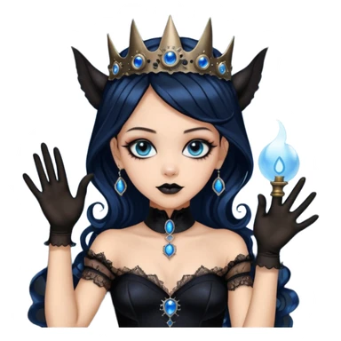 Slim fitting seductively dressed, Holed and worn Lavish black evening gown with see-through wispy black gloves, holding pose witchy Jenna Ortega as student Addams woman wearing a steampunk style mini tiara, very large blue evil-looking horned old evil eyes  sticker