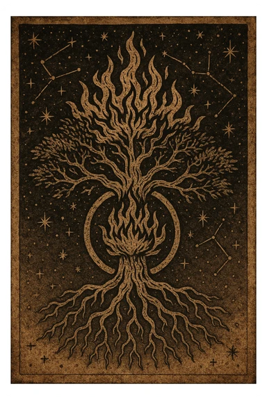 proto gothic ancient star constellation image of a flaming world tree with roots reaching down sticker