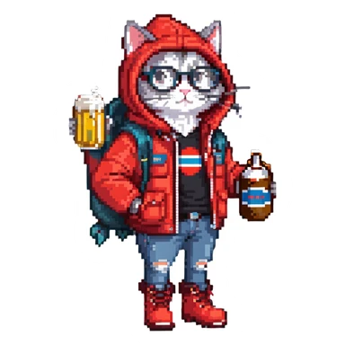 Catfish in red winter jacket with hood, round glasses, blue jeans, red boots, holding a beer can with red label, retro game style sticker