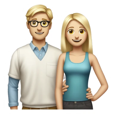 Create an iPhone-style emoji of a nerdy, skinny, white blond guy in his mid-20s with glasses and braces, standing behind his shorter adopted sister, hands on her shoulders, smiling menacingly at her. sticker