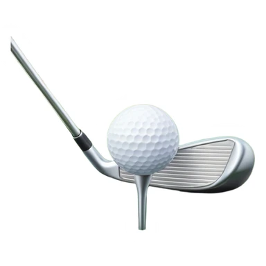 A golf ball on a tee, with a golf club placed beside it on the lush green fairway. The background shows a serene golf course with neatly trimmed grass and a clear blue sky, emphasizing the elegance and precision of the game. sticker
