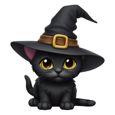 Small black kitten wearing a witch hat sticker