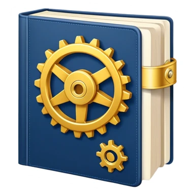 Un libro azul navy con detalles dorados, bordes metálicos y un gear dorado con una flecha ascendente como productividad en la portada, irradiando productividad, estrategia y éxito en movimiento sticker