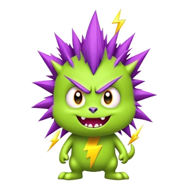 silly and furry monster in a flat art style with no shading. The monster should have a playful, cartoonish expression, with a green furry body, purple spiky hair, and small stitches on its forehead, resembling a Frankenstein-solana-inspired creature. Include small bolts on the sides of its head with tiny yellow lightning sparks for a quirky touch. The design should be simple, bold, and colorful, with clean lines and a light gray background to make the monster pop sticker