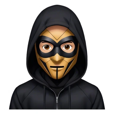 man with black hooded jacket and a only-black full-face geometric mask sticker