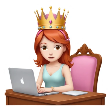 Redhead with crown on her head sat at the desk with MacBook and pink chair  sticker