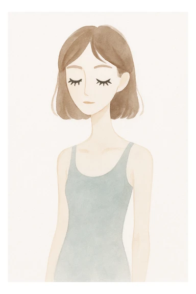 skinny girl with brown hair, pale skin, big lashes, soft watercolor style sticker