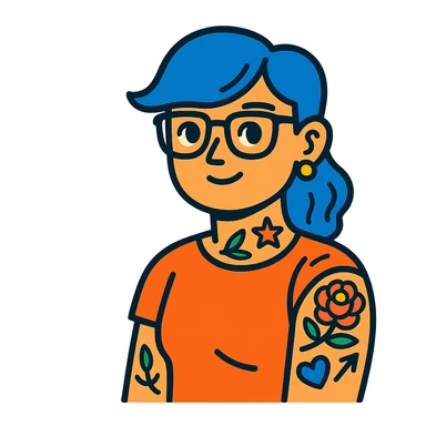character with blue hair, glasses, and tattoos sticker