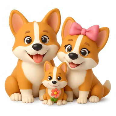 Remove the background and make it transparent while preserving the 3D emoji style of the corgi family. The style is similar to Microsoft style 3D fluent emojis, focusing on maintaining the 3D look and feel. sticker