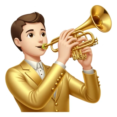 Cinematic Realistic Trumpet, polished brass with warm golden reflections, intricate valve details subtly highlighted, soft hands pressing the keys, glowing with bold and triumphant musical energy. sticker