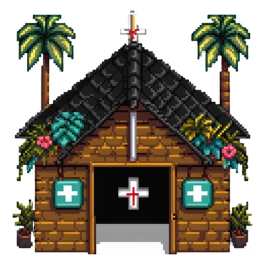Thai hospital with traditional ornate roof, medical symbol, tropical plants sticker