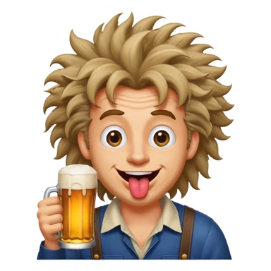 cartoon man with a big smile, crossed eyes, tongue out, wild hair sticking up, beer in hand, looking absolutely bonkers sticker