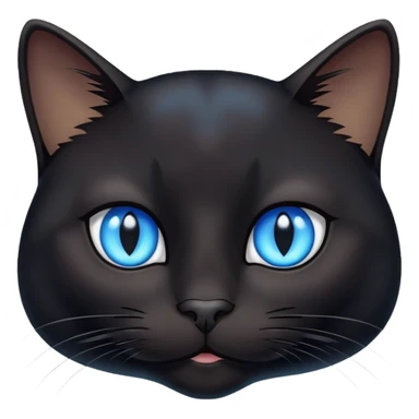black cat face with bright blue eyes and a small white patch sticker
