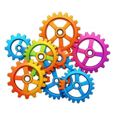 Set of colorful interlocked gears turning together in a system sticker