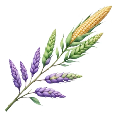 The art style is clean line art with delicate watercolor textures, pastel colors, and a dominant palette of lavender, soft lilac, and muted purple. Let the branch be more elongated and have short branches on it like ears of corn. sticker