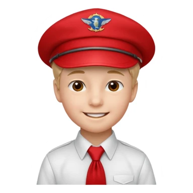 A Soviet pioneer emoji — smiling young boy wearing a white shirt with a bright red pioneer necktie and a classic red pilotka cap. The pilotka cap should fit closely to the head, without brims or side flaps, slightly folded at the top. not a cowboy hat. Flat, smooth 3D shading sticker