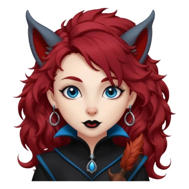  long curly red hair (darker), red pointed ears with black trim, black goth outfits, body and face human, blue eyes, more pointy chin, black lipstick, one big fluffy red squirrel tail with black tips, like the attached photo with more outfits and poses,  sticker