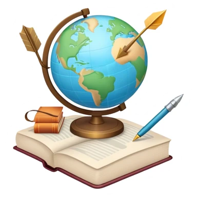 Create an emoji representing language translation. The design should feature a globe in the background, symbolizing international communication. In front of the globe, place two books or sheets of paper with texs on them and a pen nearby to indicate the act of writing. Add two arrows pointing in opposite directions between the sheets to represent the translation process. Use a clean and professional color palette with blues, greens, and neutral tones. Make the background transparent. sticker