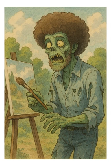 Bob Ross as a zombie, holding a paintbrush, greenish skin, tattered clothes, Ghibli-inspired style sticker