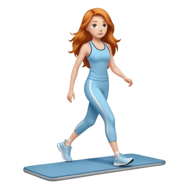 Gorgeous Ginger girl long hair walking on walking pad light blue gym outfit sticker