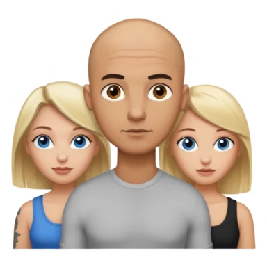 tattooed completely bbald brown eyed male with blonde haired blue eyed big boob female with brunette haired brown eyed big boob female throuple  sticker