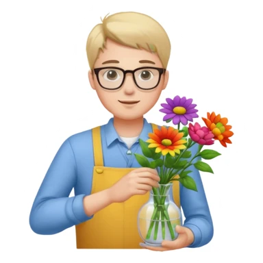 Young male florist – wearing glasses, arranging flowers in a vase. sticker
