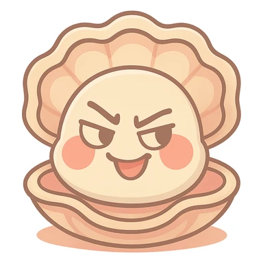 Enhance the cute oyster with more pastel toon details, accentuate the cream, peach and greige effect, add more depth to the shell, soften and brighten the red cheeks, keep the mischievous expression, maintain a transparent background. sticker
