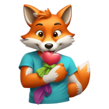 an anthropomorphic fox sending a kiss. The fox is wearing a colorful T-shirt and has a cheerful expression on his face. sticker