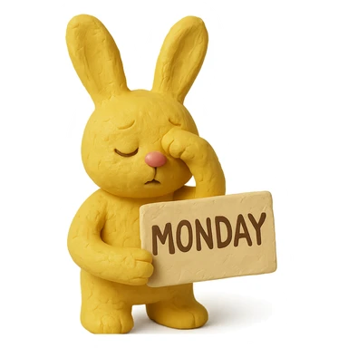 yellow bunny holding Monday memo while rubbing eyes, matte plasticine claymation style with visible fingerprints sticker
