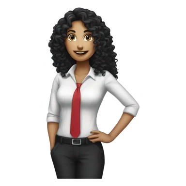 corporate woman, long black curly hair, with a phone sticker
