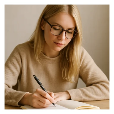 blonde woman wearing glasses, writing in a notebook sticker