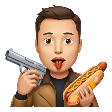Elon Musk with a hotdog in his mouth with a gun sticker