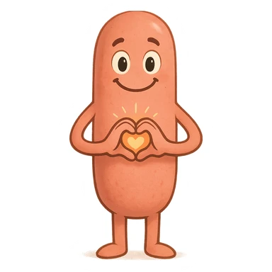 a smiling sausage-shaped humanoid with a pinkish-orange body, simple arms and legs, big eyes, and a happy smile. Its hands form a heart shape in front of its chest, radiating warmth and affection sticker