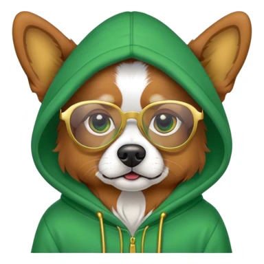 Dog wearing a green hoodie and gold glasses sticker