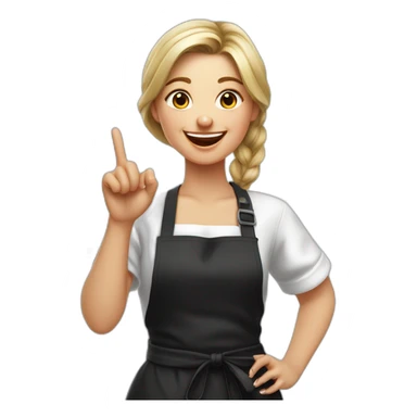 Slavic girl in a white T-shirt and a black apron shows class with her finger and laughs sticker
