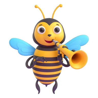 a whimsical bee holding and blowing a trumpet, musical notes around sticker