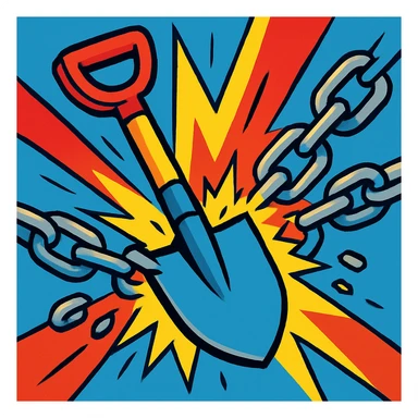 a shovel breaking a chain, vibrant and dynamic style sticker