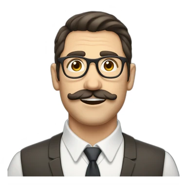 Mid age dark hair white British guy with a crooked short moustache, short hair and rounded glasses sticker