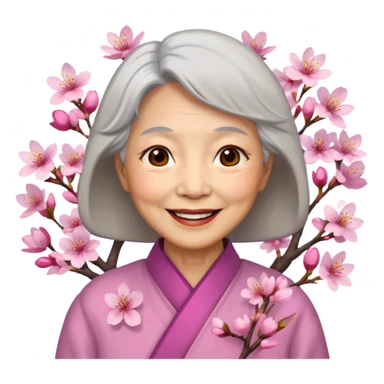 elderly asian woman with cherry blossom sticker