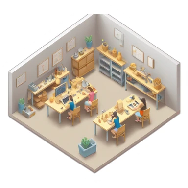isometric square transparent solid outline border containing indoor creative workshop handmade factory people actively working simple clean sticker