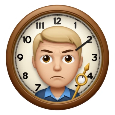 Create a hurried expression holding a clock sticker
