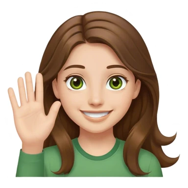 smiling girl with long brown hair, middle hair part, waving, green shirt, hazel eyes sticker