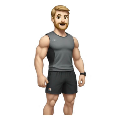 Close up Actively gesturing  with hands Pale skinned Fit Man With the biceps and brown hair in dark gray Sleeveless Mike, black oversize sports shorts, watch and white Sneakers sticker