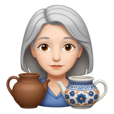 Woman with grey hair with ceramics sticker